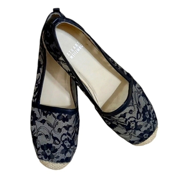 Stuart Weitzman Meshuga Espadrille Loafers Black Lace Floral Mesh Leather Trim - Picture 5 of 13
